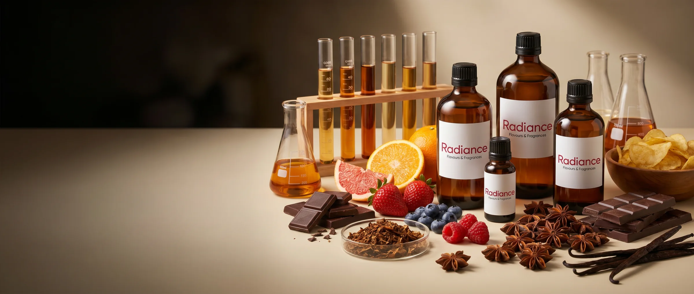 Radiance aroma ürün ailesi: amber şişeler, cam laboratuvar malzemeleri ve doğal hammaddeler