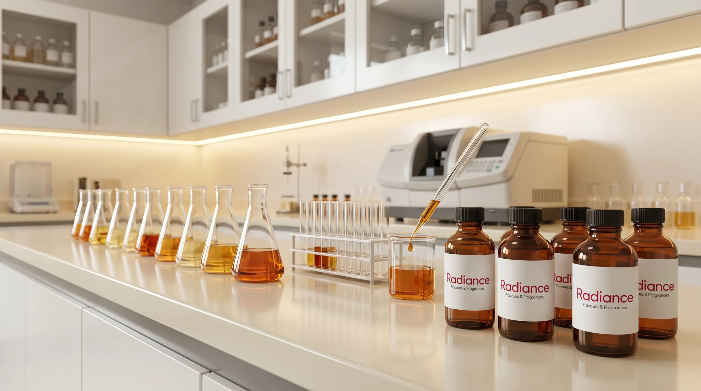 Radiance laboratuvarı — aroma numunelerinin bulunduğu tezgâh