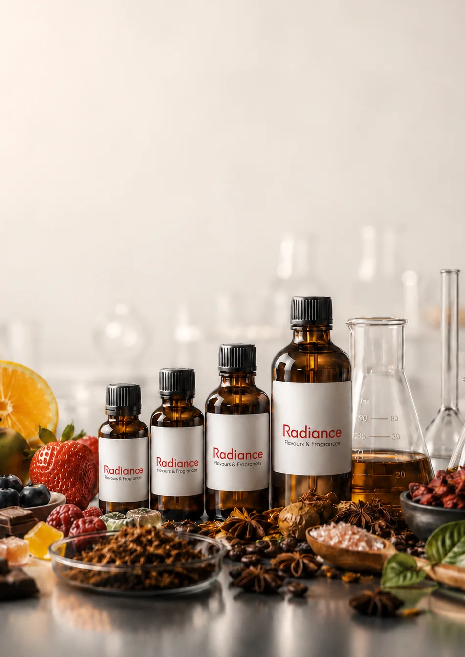 Radiance aroma ve esans şişeleri, damlalıklar ve doğal aromatik hammaddeler