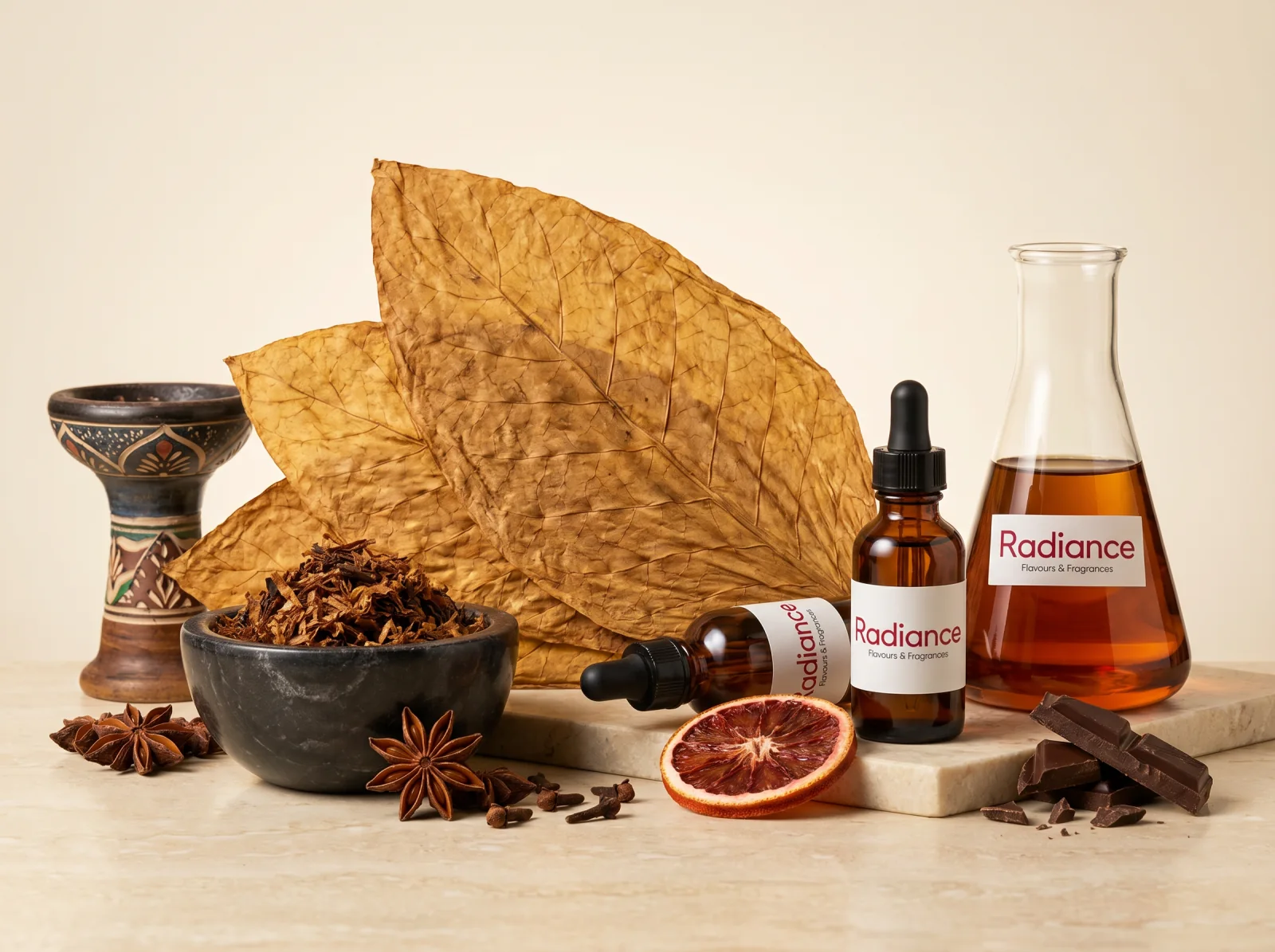 Tütün aroması için hazırlanmış botanik etiketli amber şişeler
